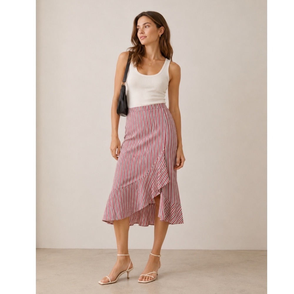NWT Ted Baker CORYN Midi Skirt Women 4-6 Pink Striped Ruffle Wrap Hem (ted2)
